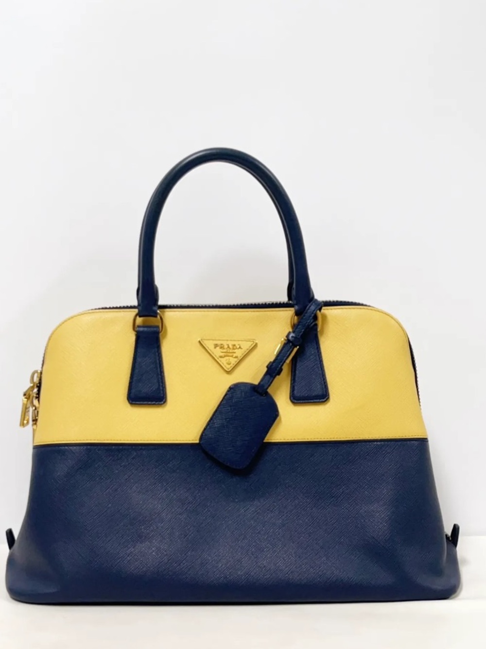 Prada Yellow and Navy Colorblock Saffiano Satchel rare